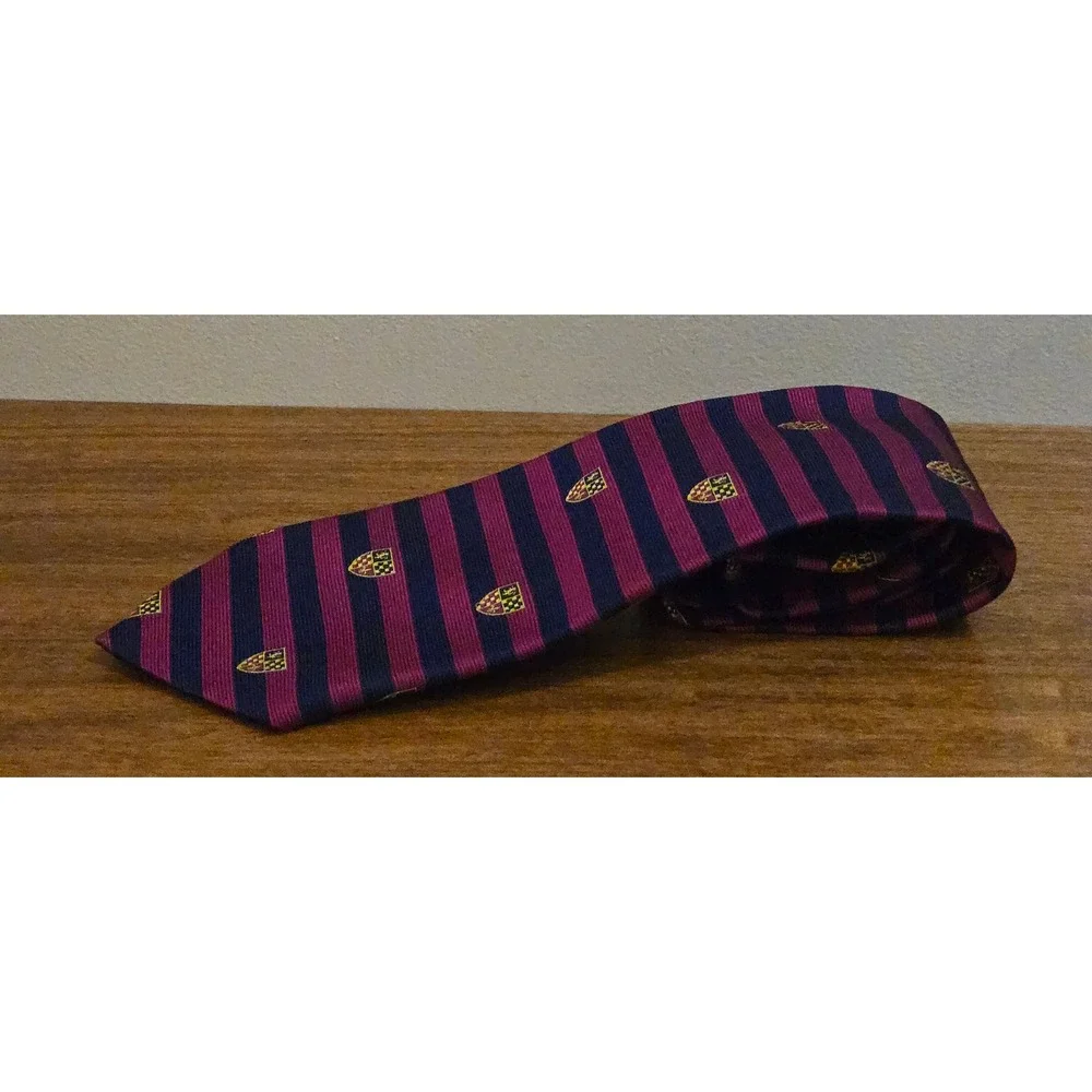 Brooks Brothers Makers Silk Tie Navy Burgundy Striped Crested Hand Made USA
